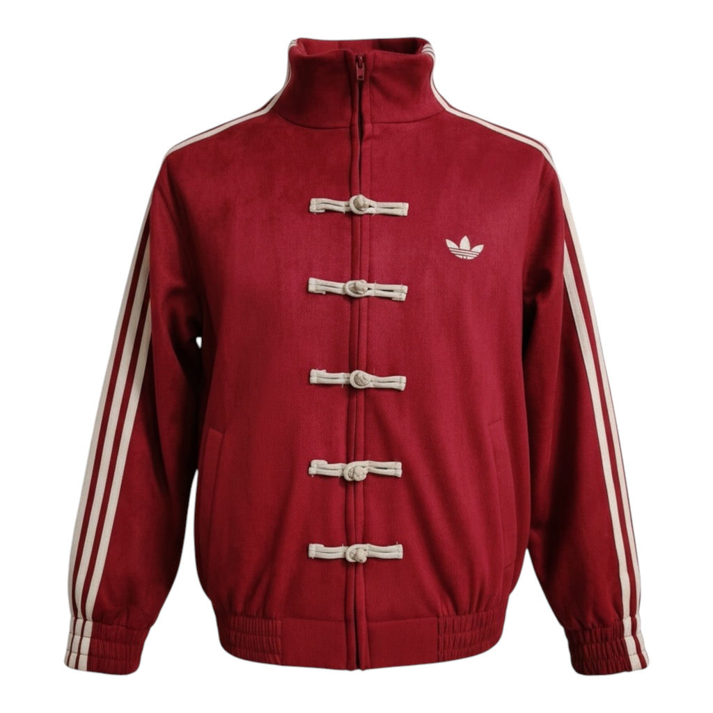 Red Retro Chinese Collar Track Jacket – White 3-Stripes
