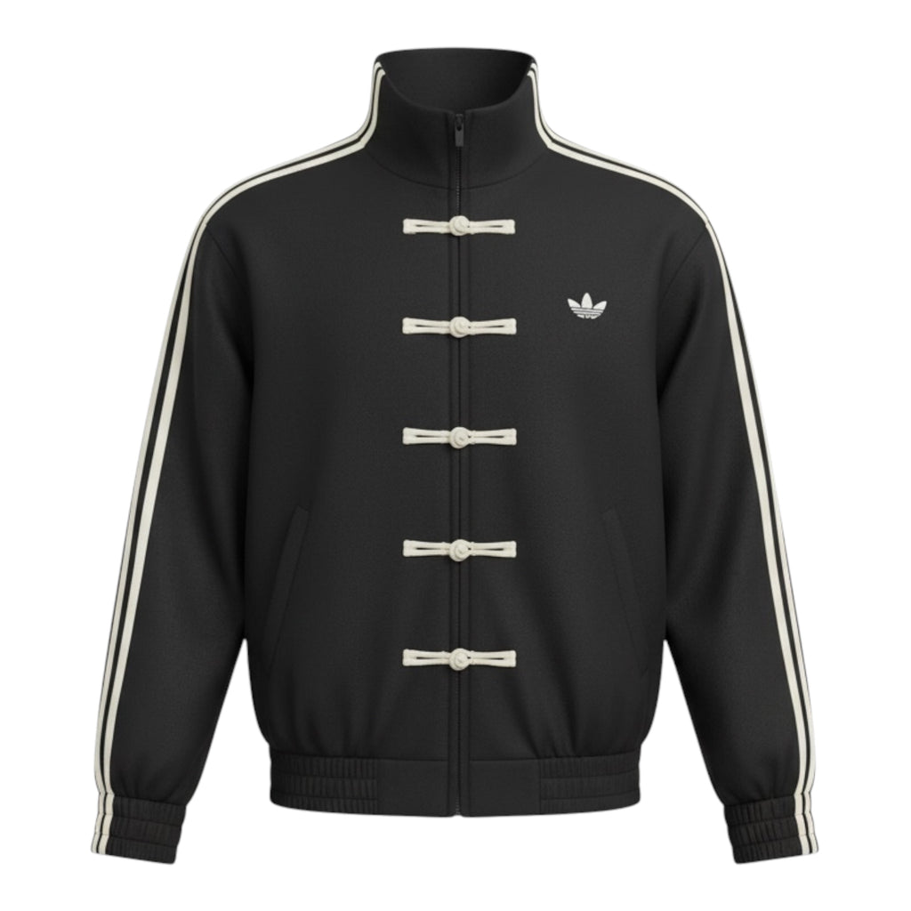Black Retro Chinese Collar Track Jacket – White 3-Stripes