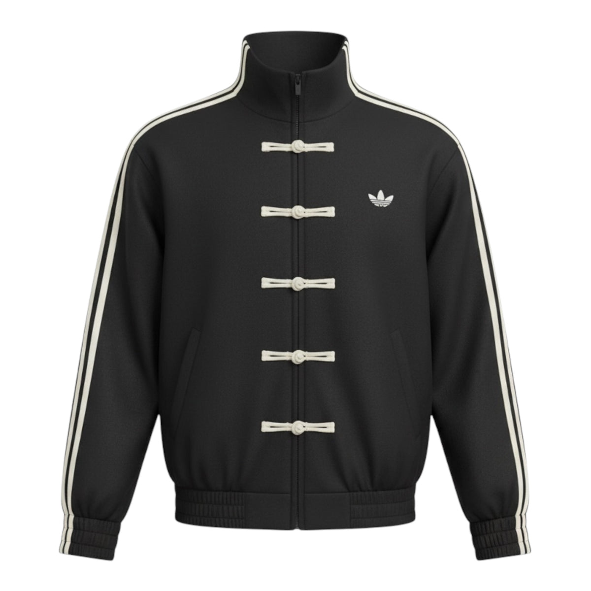 Chaqueta deportiva negra de estilo retro con cuello mao y tres rayas blancas