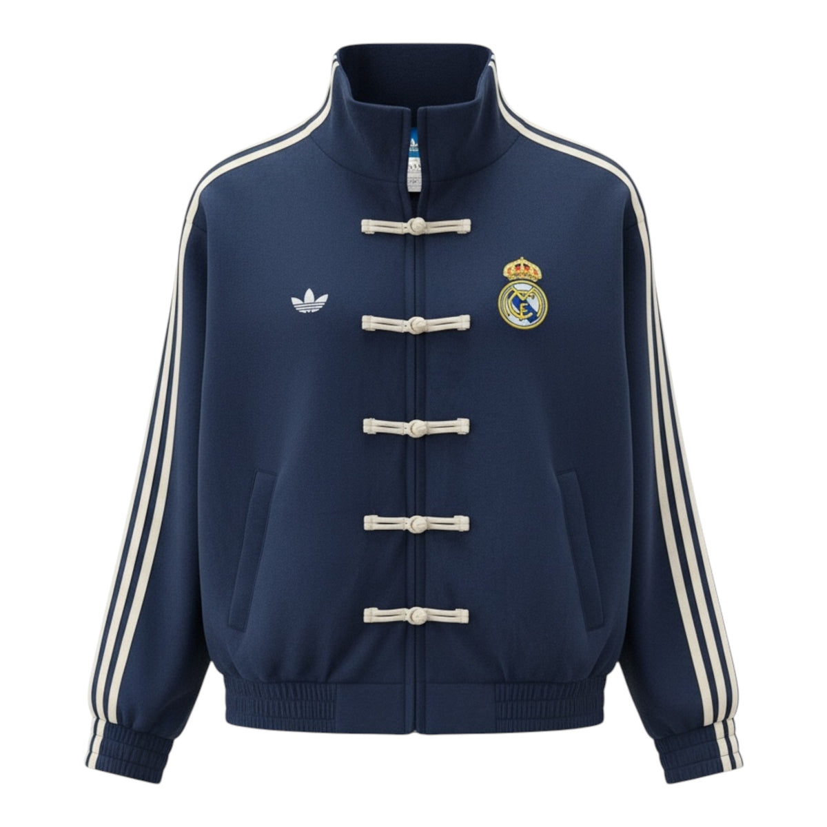 Chaqueta de chándal retro del Real Madrid con cuello mao – Azul marino/Crema