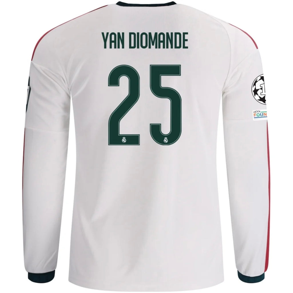 Men's Replica adidas Yan Diomande Real Madrid Long Sleeve Home Jersey 26/27
